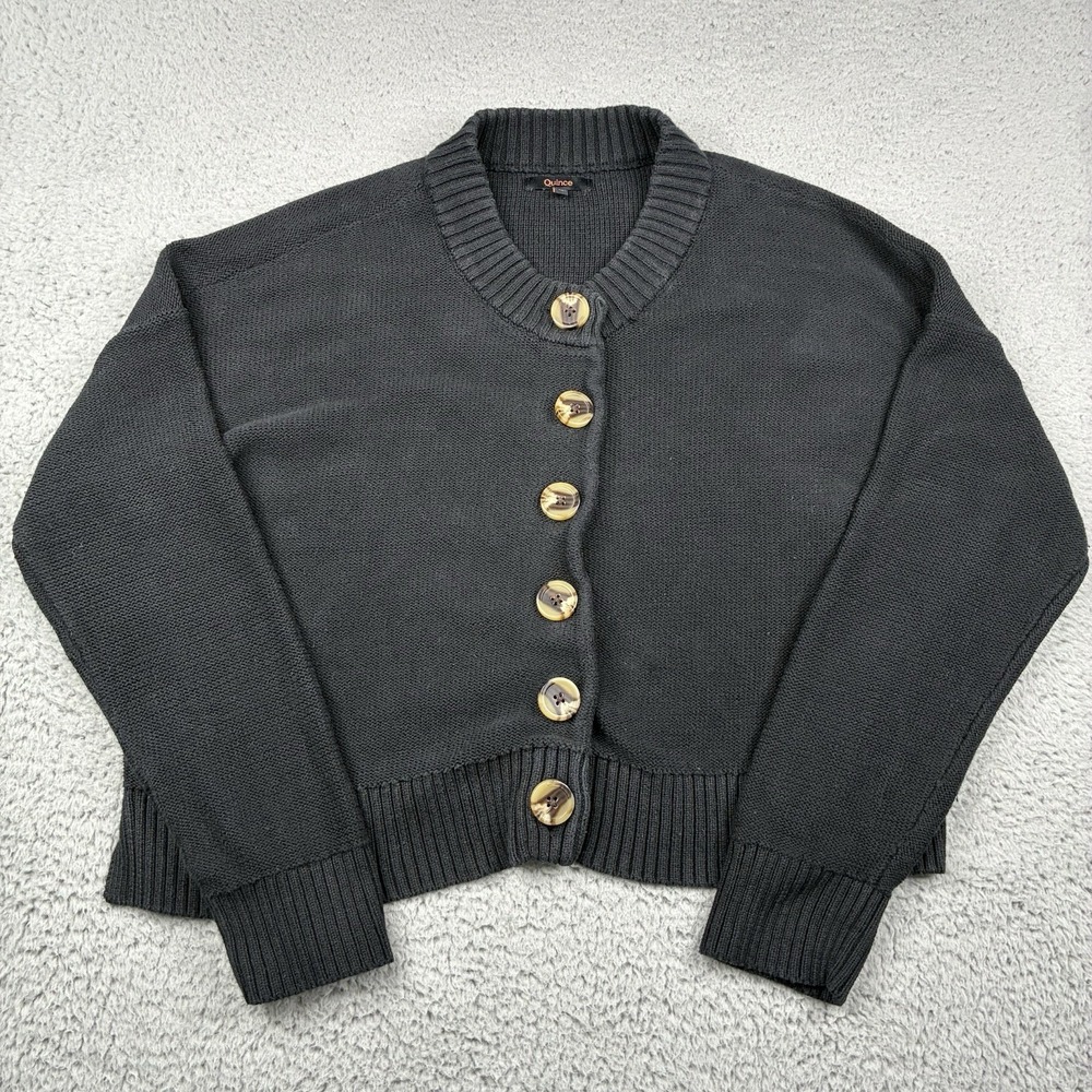 Quince Women's Organic Cotton Cropped Cardigan Black Long Sleeve Medium
